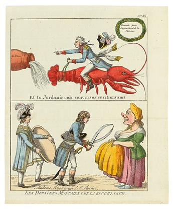 CRUIKSHANK; GILLRAY; Et al. Group of nine hand-colored engraved caricatures extracted from the Anti-Jacobin Review.